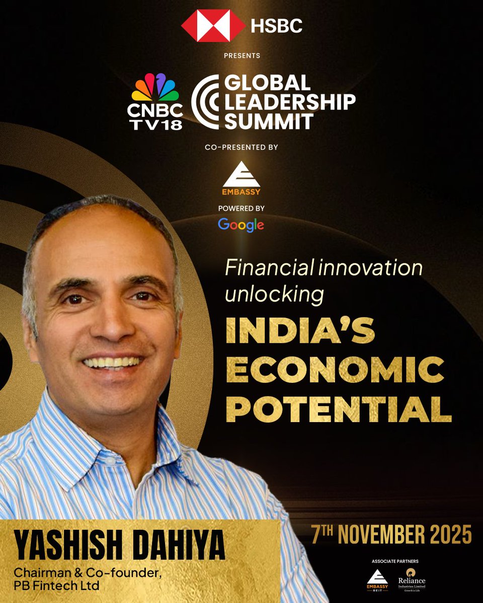 CNBCTV18News's tweet image. Redefining India’s financial ecosystem through innovation
Yashish Dahiya - Chairman &amp;amp; Co-founder, PB Fintech Ltd, joins the CNBC-TV18 Global Leadership Summit - 2nd Edition.

07th November 2025

#CNBCTV18GLS #CNBCTV18GlobalLeadershipSummit #TheIndiaAdvantage #Legacy #2ndEdition…