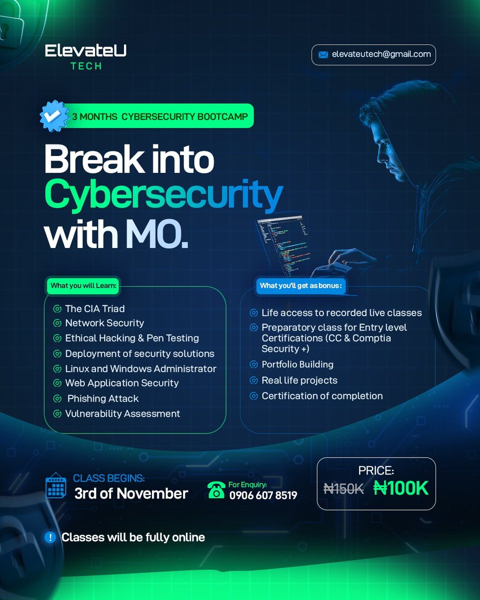 elevateutech's tweet image. Do you want to break into Cybersecurity with technical or no technical background and you’re worried about cost? 🚨 
Become a certified Cybersecurity professional, and get access to jobs in UK, US, Canada, Australia…
Apply here; wa.link/70pzgl