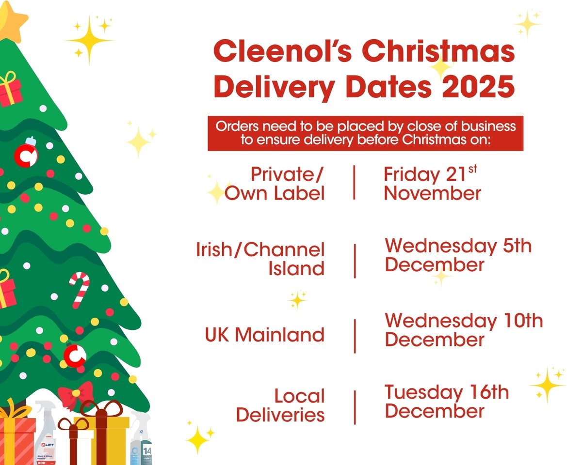 It might feel a little early to mention Christmas… but it’s coming around fast!
Now’s the perfect time to stock up on your cleaning and hygiene essentials to stay prepared throughout the festive period. We’ve put together our Christmas delivery schedule to help you plan ahead!