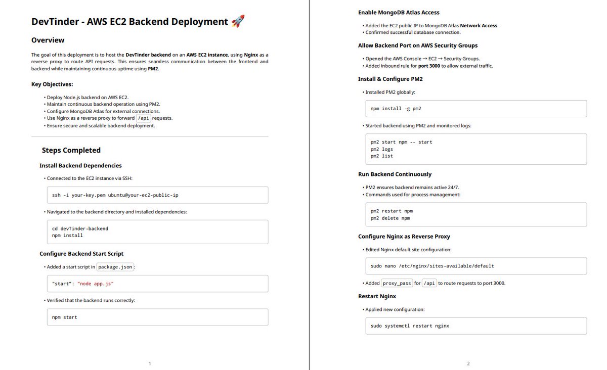 sanjeev60160287's tweet image. 🚀 DevTinder Backend is LIVE on AWS EC2!

💡 Node.js + MongoDB Atlas powering seamless APIs

⚙️ PM2 keeps it 24/7 alive | Nginx handles smart routing

🔐 Secure. Scalable. Production-ready.

Next → SSL, Monitoring &amp;amp; Auto-Deploy 🌐

#BuildInPublic #NodeJS #AWS  #LearningInPublic