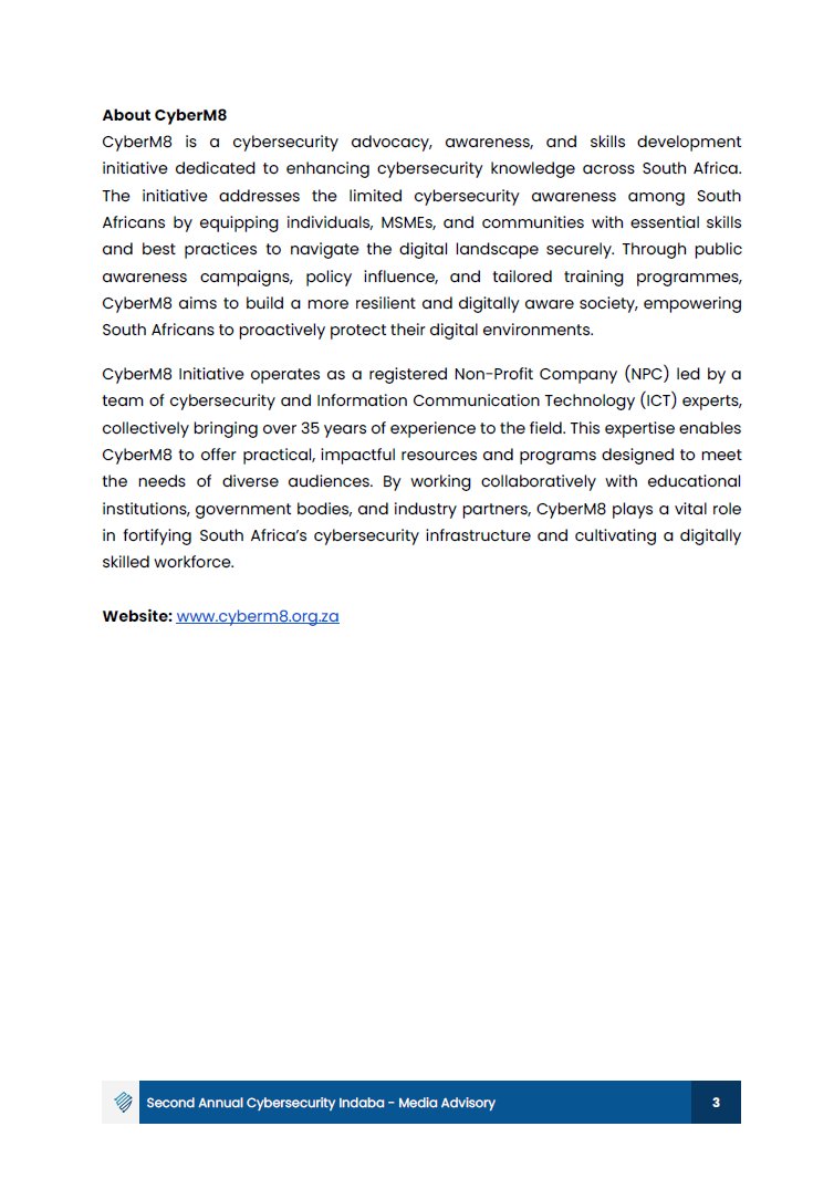 📰 Media Advisory | Second Annual Cybersecurity Indaba

We’re thrilled to announce that media invitations are officially open for the Second Annual Cybersecurity Indaba, themed “Next-Gen Cybersecurity: Innovating for Tomorrow’s Challenges.”

Contact:
📧 kealeboga@cyberm8.org.za