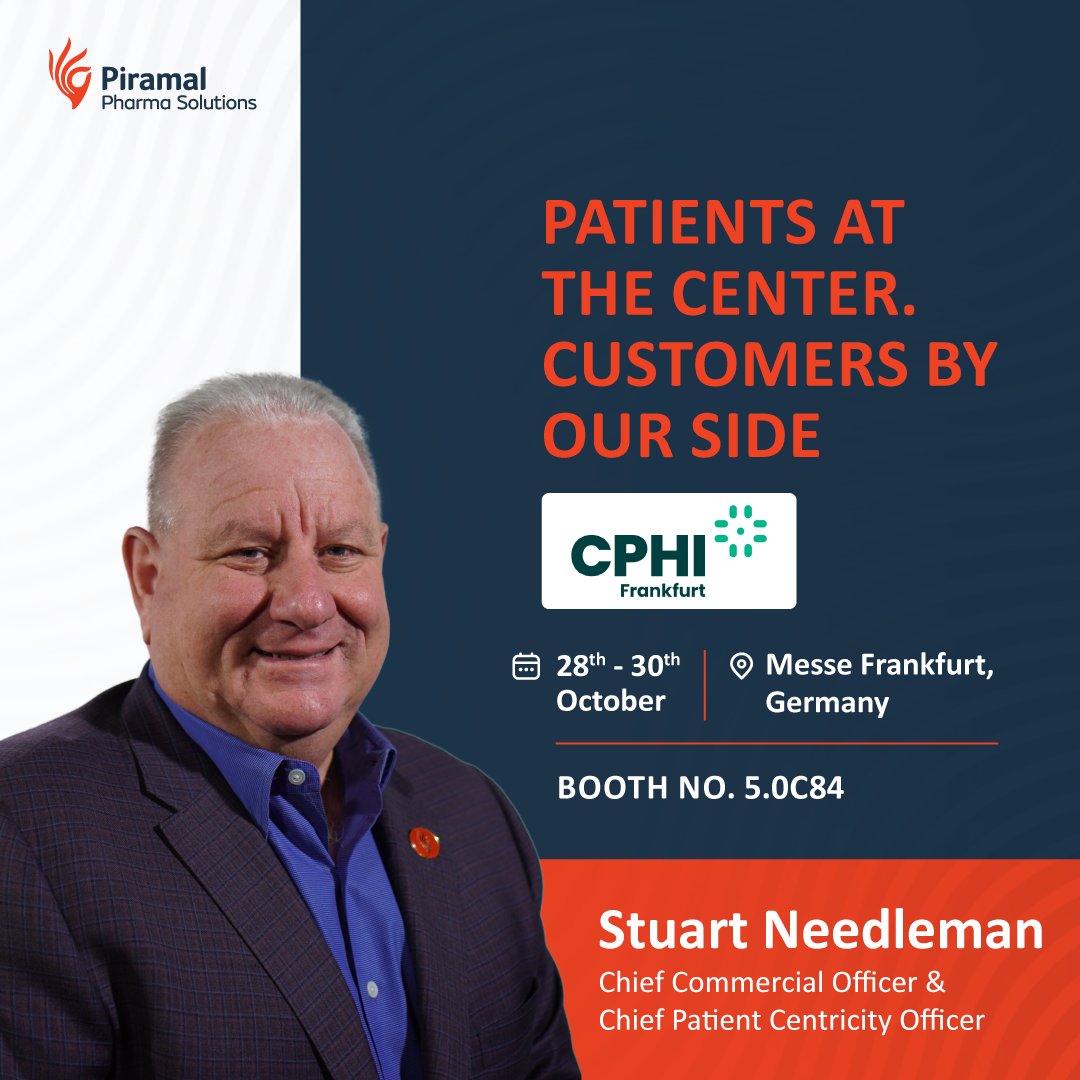 PiramalPharma's tweet photo. Meet Stuart Needleman, Chief Patient Centricity & Commercial Officer at #PiramalPharmaSolutions, at #CPhI2025 Frankfurt.
Discover how patient focus & partnership drive every step from molecule to market.
📍 Booth 5.0 C84 | Oct 28–30
#CPhI2025 #GlobalCDMO https://t.co/yskhCvId4t