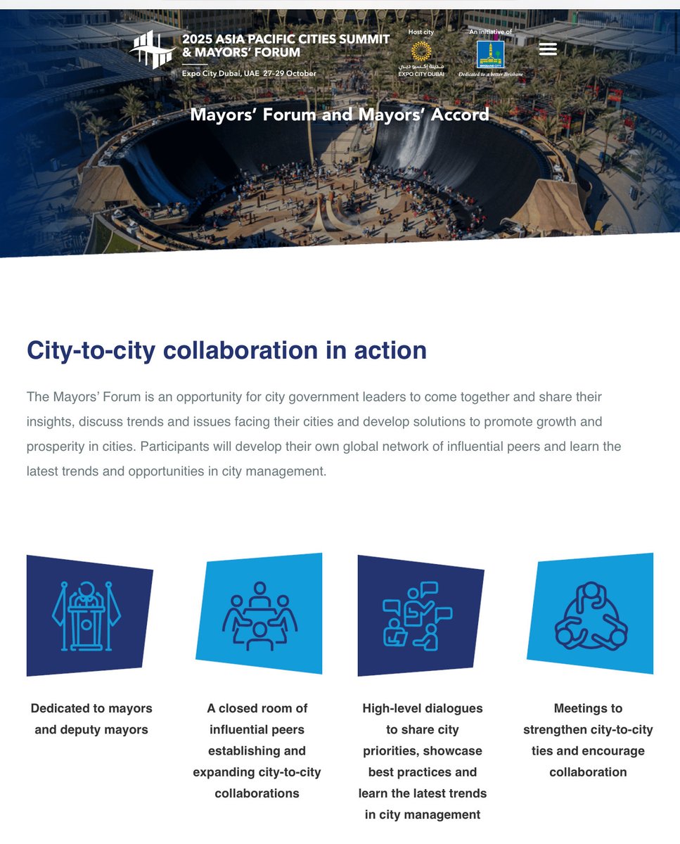 CurtisSChin's tweet image. Tune in as 150+ mayors &amp;amp; leaders from 300+ cities worldwide join me at the 2025 Asia Pacific Cities Summit &amp;amp; Mayors’ Forum. #APCS2025 #2025APCS  👉 2025apcs.expocitydubai.com at #ExpoCityDubai

2025apcs.expocitydubai.com
@Cities_Today @expocitydubai @brisbanecityqld @MilkenInstitute