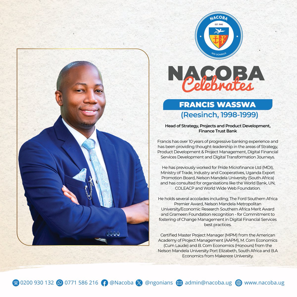 <a href="/ngonians/">NACOBA</a> join us today as we celebrate Mr. Francis Wasswa. Sir we want to take the time to acknowledge your hard work. We see you, we see your effort. We salute you sir 🫡🥳
#nisidominus