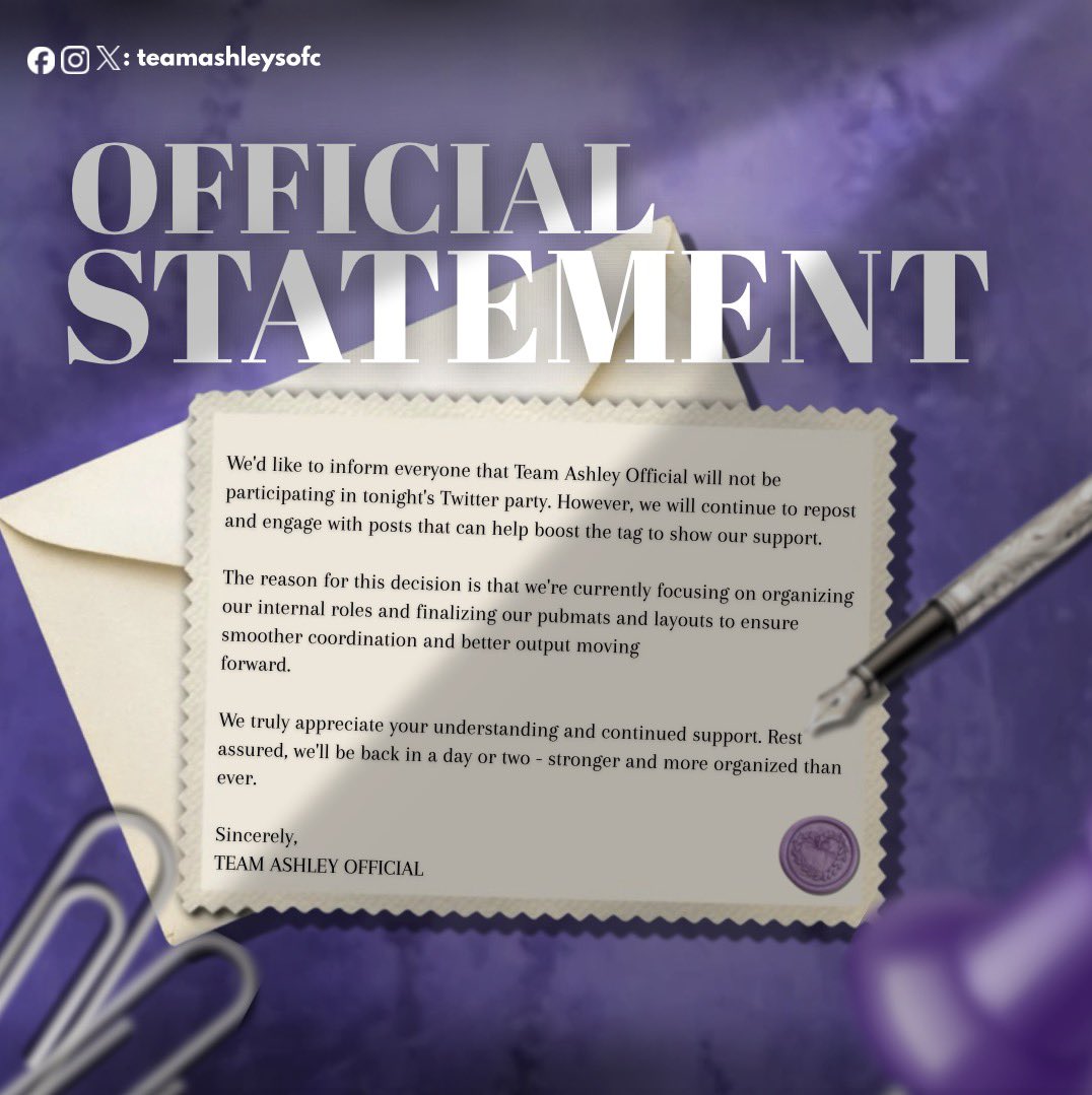 📮 OFFICIAL STATEMENT

Taking a short break to regroup and organize 💜 We’ll be back in a day or two — stronger and more prepared than ever. Please take a moment to read for clarity. Thank you.

Sincerely,
TEAM ASHLEY OFFICIAL 💜🤍

#AshleySarmiento