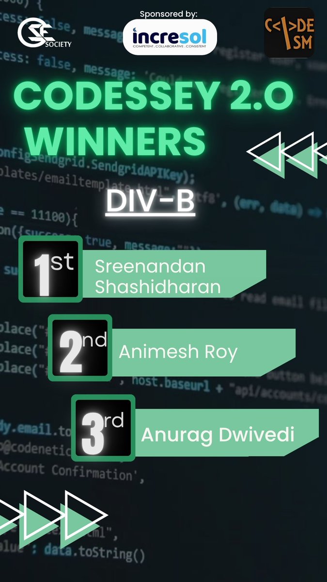 cse_iitism's tweet photo. ๐ฅ The code war has ended, and champions have risen! โก
Congrats to the winners of CODESSEY 2.0 from each division โ your logic, speed & precision set you apart! ๐
Kudos to all participants for making it a grand success! ๐
#CODESSEY2_0 #CodeISM #IITISM #CSESociety #CodingChamps https://t.co/uYWFFO68DC