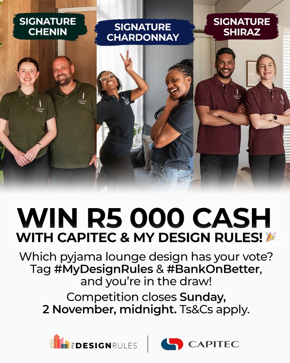 Which pyjama lounge design has your vote? 🛋️✨
Cast your vote and stand a chance to WIN R5 000 CASH with <a href="/CapitecBankSA/">Capitec</a>  and #MyDesignRules! 
 Comment your favourite team  #SignatureChardonnay, #SignatureChenin or #SignatureShiraz and tag #BankOnBetter  and share this post to