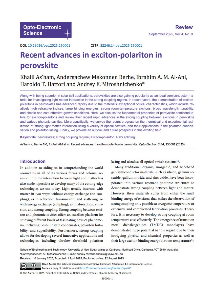 OptoElectronAdv's tweet image. #OES_highlight Recent advances in exciton-polariton in perovskite doi.org/10.29026/oes.2… by Prof. #Andrey_Miroshnichenko @UNSWCanberra #perovskites #strong_coupling #exciton #polariton #Rabi #splitting