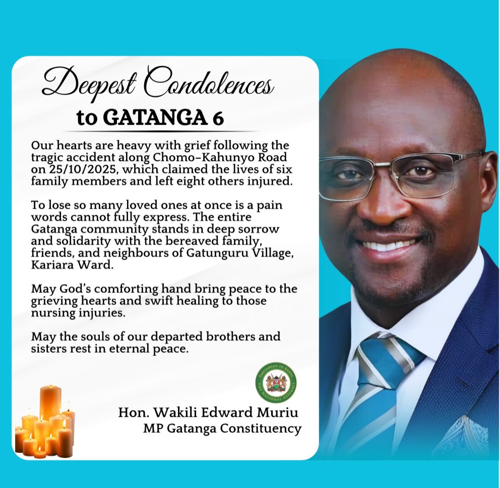 WakiliEdward's tweet image. I am deeply heartbroken by the tragic accident along Chomo–Kahunyo Road that claimed six lives and left eight others injured from one family in Gatunguru, Kariara Ward.
I spent time with the family, sharing in their grief.
May God comfort and heal them.
#GatangaMourns