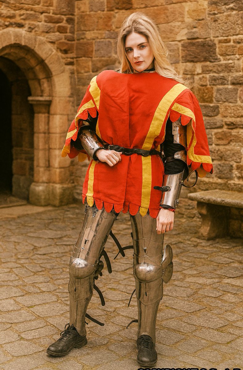 鎧の上に羽織っているのは『ジュポン』
戦場で敵味方を識別するために着用された
サーコートの中世後期バージョンです🛡️

金属の反射や雨による錆びを抑えたり
矢や武器が胸当てから
"装甲のない部分に落ちるのを防ぐ"など
実用性のある衣服だったそうです⚔️
モデル <a href="/tatakauoneesan/">戦うお姉さん・ソフィ</a> #雑学 #豆知識 #鎧