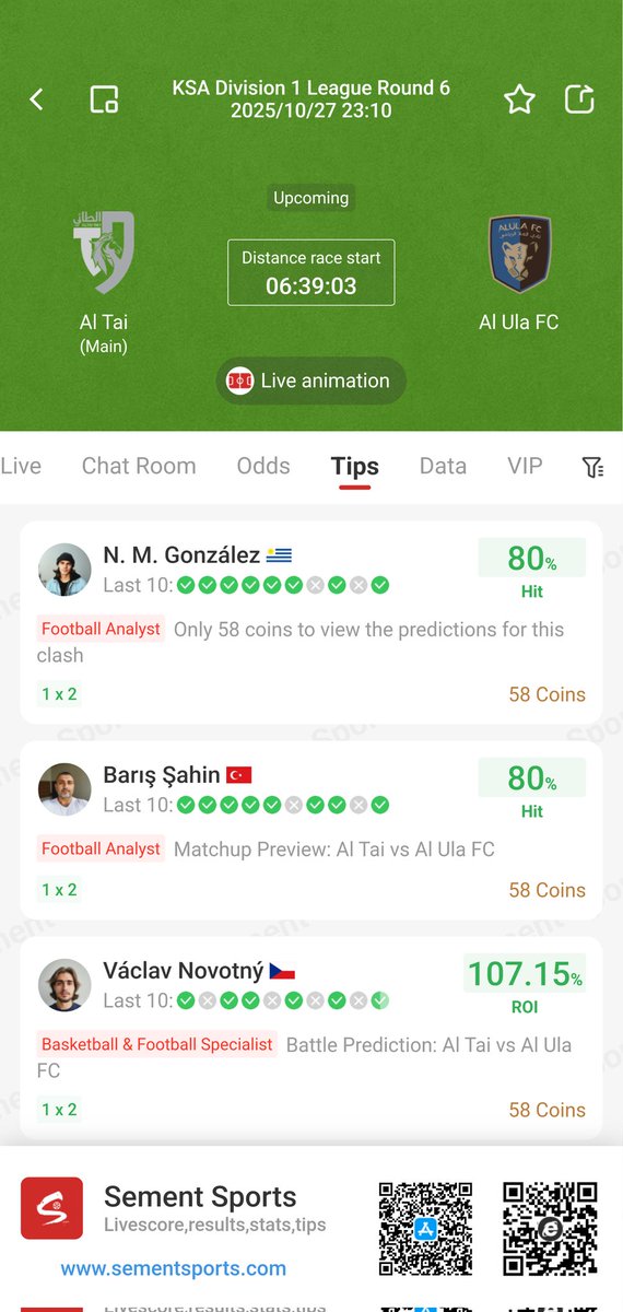 SementSports's tweet photo. #score #goal #GOAT #football #bettips
2025-10-27 23:10

KSA Division 1 League Round 6

Al Tai (Home) vs AI Ula FC

Favoring the away team not to lose. https://t.co/cVWio9lbrX