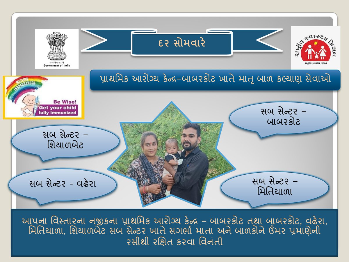 shiyalmukeshbha's tweet image. દર સોમવારે પ્રાથમિક આરોગ્ય કેન્દ્ર - બાબરકોટ તથા વઢેરા, મિતિયાળા, શિયાળબેટ સબ સેન્ટર ખાતે રસીકરણ દિવસ... સગર્ભા માતાઓ અને બાળકોનું નિયમિત રસીકરણ કરાવો...