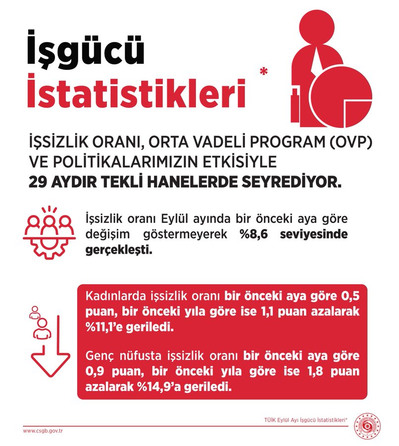 Infographic titled Isgucu Istattistikler with red header and person icon. Shows unemployment rate stable at 8.6 percent due to OVP policies for 29 months. Breaks down female unemployment decrease by 0.5 points monthly and 1.1 yearly to 11.1 percent. Youth unemployment down 0.9 points monthly and 1.8 yearly to 14.9 percent. Includes TUİK logo and website at bottom.