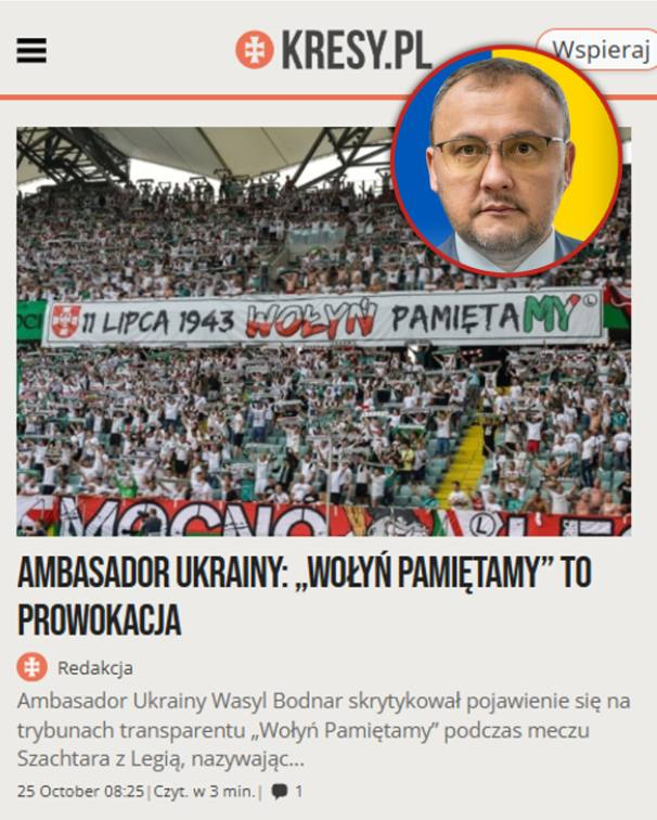 Paweł Usiądek (@pusiadek) on Twitter photo Haniebne słowa ambasadora Ukrainy. Pamięć jest dla niego prowokacją!
Ambasador Ukrainy w Polsce zaatakował polską pamięć o ofiarach rzezi wołyńskiej, określając transparent „Wołyń Pamiętamy” jako prowokację. Stało się to po meczu Szachtara Donieck z Legią Warszawa. Już wcześniej Haniebne słowa ambasadora Ukrainy. Pamięć jest dla niego prowokacją!
Ambasador Ukrainy w Polsce zaatakował polską pamięć o ofiarach rzezi wołyńskiej, określając transparent „Wołyń Pamiętamy” jako prowokację. Stało się to po meczu Szachtara Donieck z Legią Warszawa. Już wcześniej