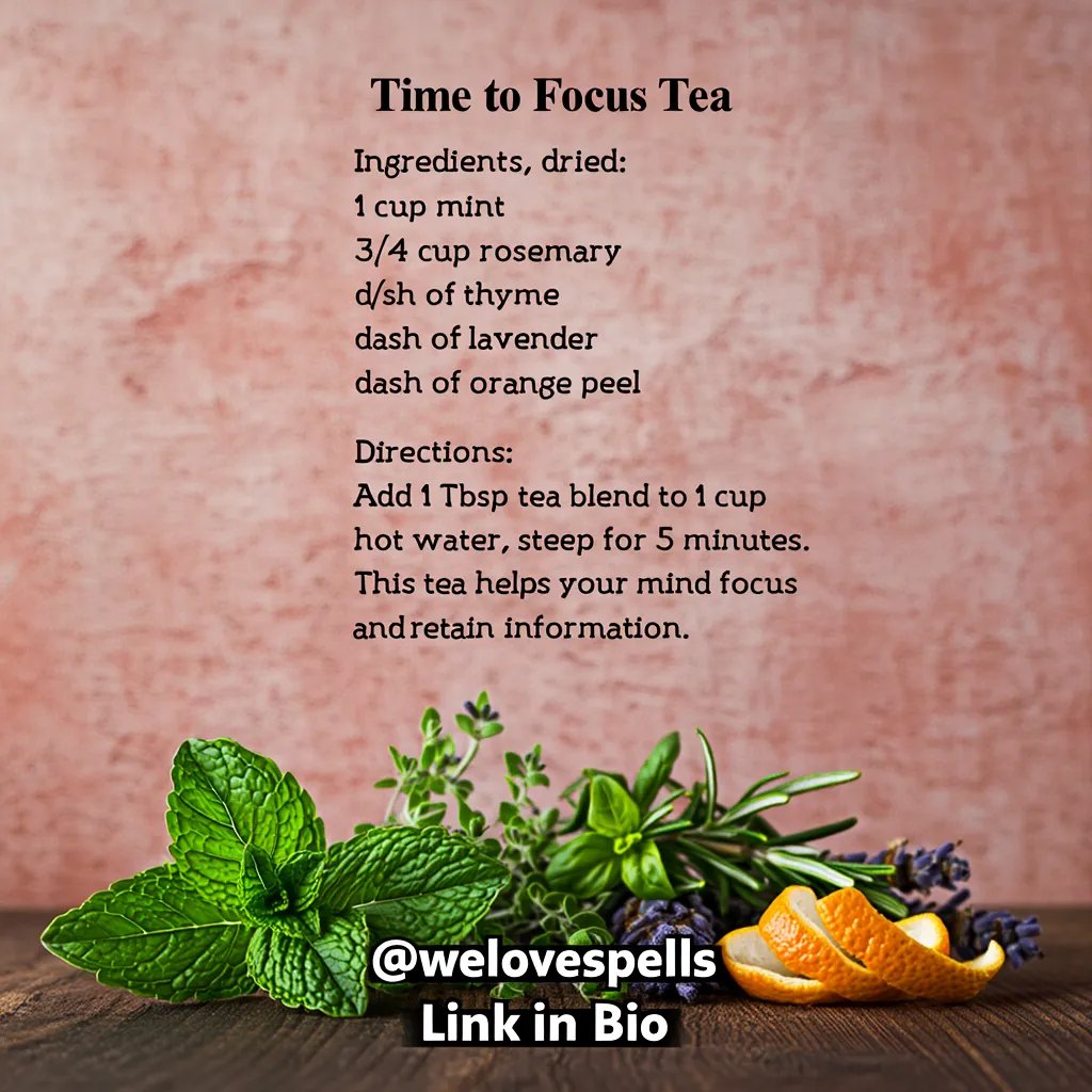 SpellsAndPsychi's tweet image. Struggling to focus? 🧠 Brew our Time to Focus Tea! A simple magickal blend of Rosemary (for memory), Mint, Thyme, &amp;amp; Lavender helps you retain info &amp;amp; achieve mental clarity. Full recipe/herbs on our site: welovespells.net 
#FocusTea #RosemaryForMemory #StudyAid #WitchTip