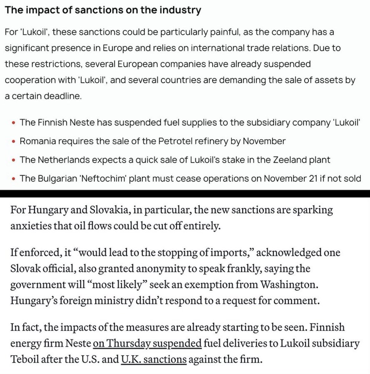 Влияние полезных санкций США на «Лукойл»:

🔹 НПЗ «Лукойла» в Румынии, Болгарии и Нидерландах будут проданы или закрыты
🔹 Принадлежащая Лукойлу компания Teboil в Финляндии остановила поставки топлива
🔹 НПЗ в Венгрии и Словакии могут полностью прекратить поставки нефти