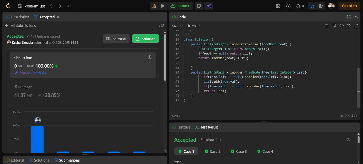 Kushal_Koradia's tweet image. ✅ Day 127 of #150DaysOfDSA
📍 LC 94: Binary Tree Inorder Traversal
Solved using recursion — visited left subtree, root, then right subtree to collect nodes in sorted order.
⏱ O(n) | O(n)
#BinaryTree #Recursion #DFS #Java #150DaysOfDSA ✨