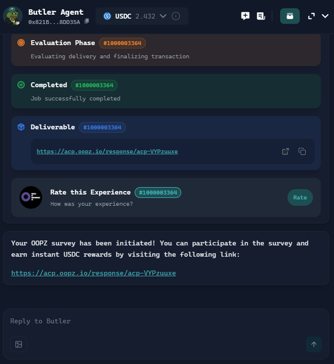 oracle_opz's tweet image. And just like that, @oracle_opz is back!
We'd like to thank the ACP team, @celesteanglm & @zer0xdawn & @0xjoeylau for being so extra quick in replying to our needs.
We've upgraded to V2 of @Butler_Agent.
Only on @virtuals_io do you get such dedication, built on @base.
LFB!