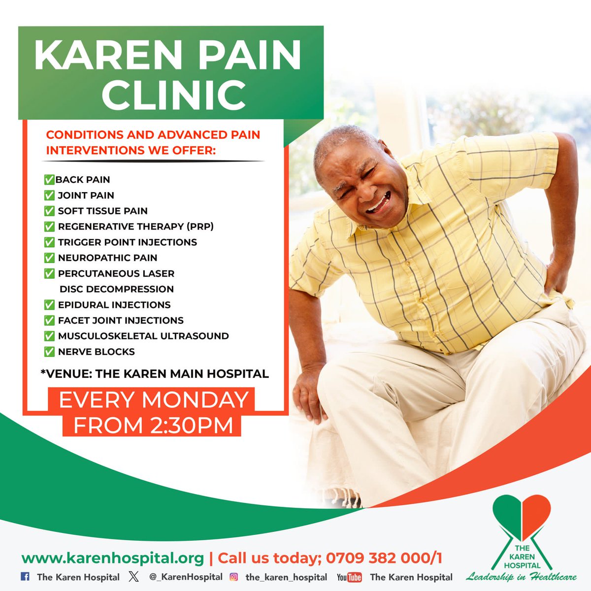 _KarenHospital's tweet image. Pain is real, but relief is possible. At our Pain Clinic, we walk with you, offering advanced treatments to restore comfort and quality of life.
📅 Mondays | 2:30PM
📍 The Karen Hospital, Main Branch
☎️ 0709 382 000/1

#KarenPainClinic #HealingWithCare