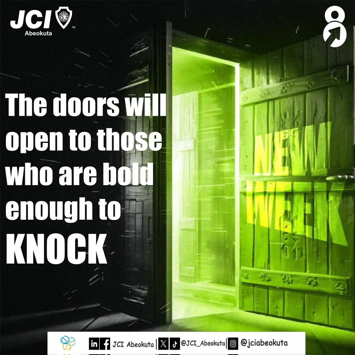 JCI_Abeokuta's tweet image. MONDAY MOTIVATION!!!

Here&apos;s to another opportunity to experience opened doors.
Happy Monday 😊. Cheers to a new week 🥂

#EngageElevateExcel
#JCIAbeokuta
#JCINigeria
#ELV8
#JCI