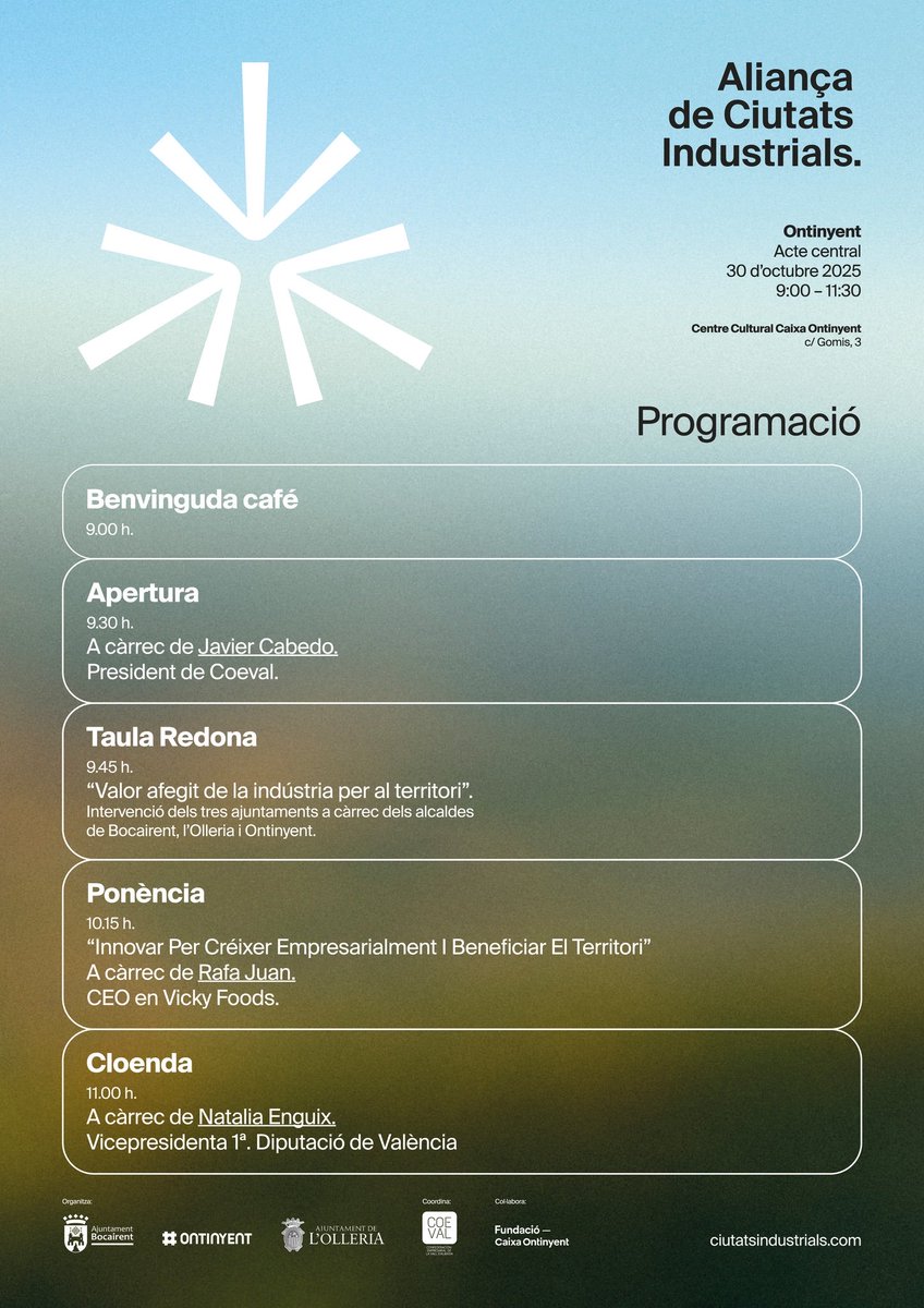 🏭 Els ajuntaments d'Ontinyent, l'Olleria i Bocairent, de la mà de la Confederació Empresarial de la Vall d'Albaida, tornen a impulsar un espai de trobada i de reflexió sobre l'empresa i la indústria. La cita és el pòxim dijous.
ℹ️ Informació i inscripció: ciutatsindustrials.com