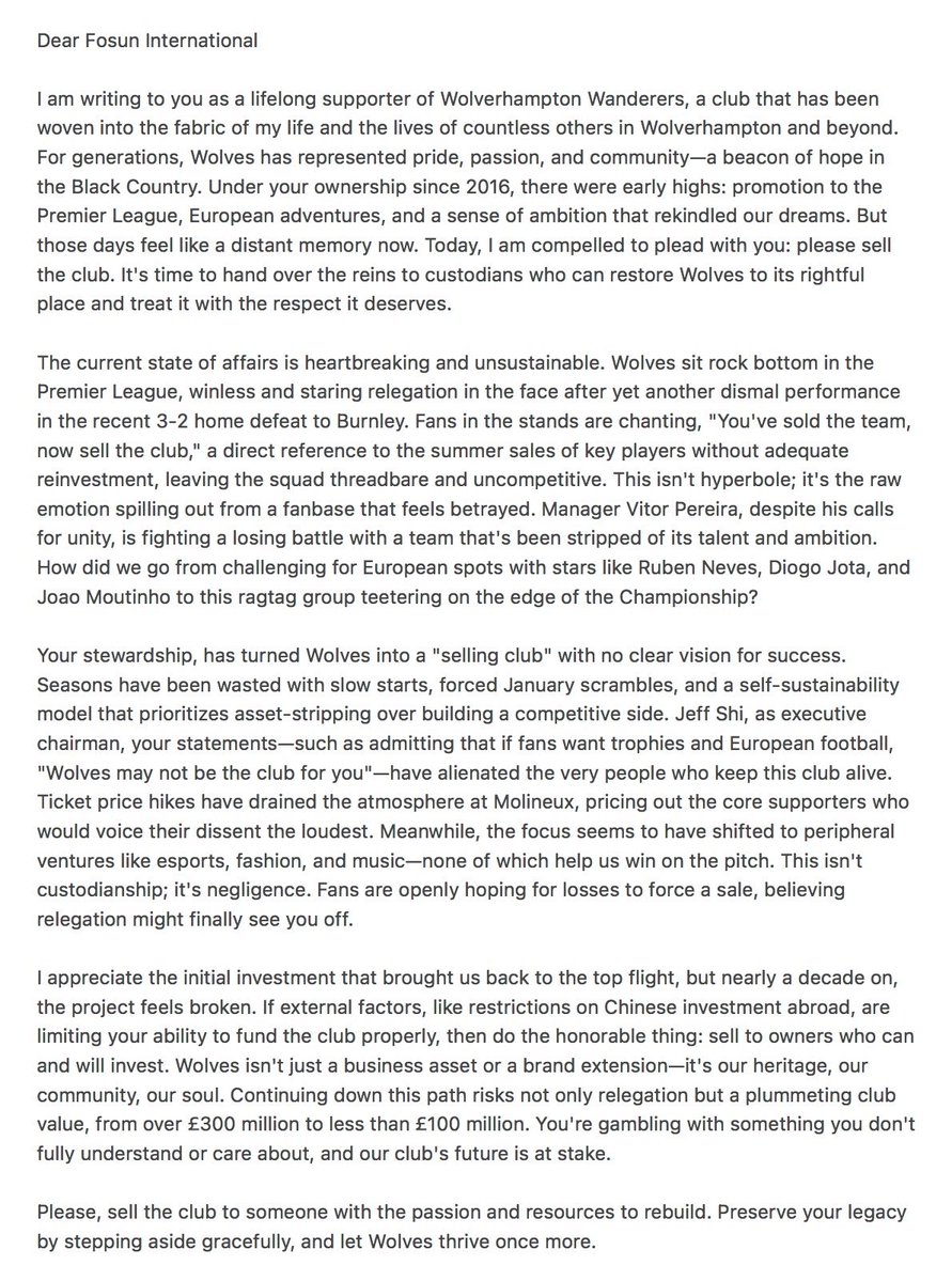 Wolves Molinews 🐺 (@wolvesmolinews) on Twitter photo An Open Letter to <a href="/Fosun_Intl/">Fosun</a> 
RT appreciated An Open Letter to <a href="/Fosun_Intl/">Fosun</a> 
RT appreciated