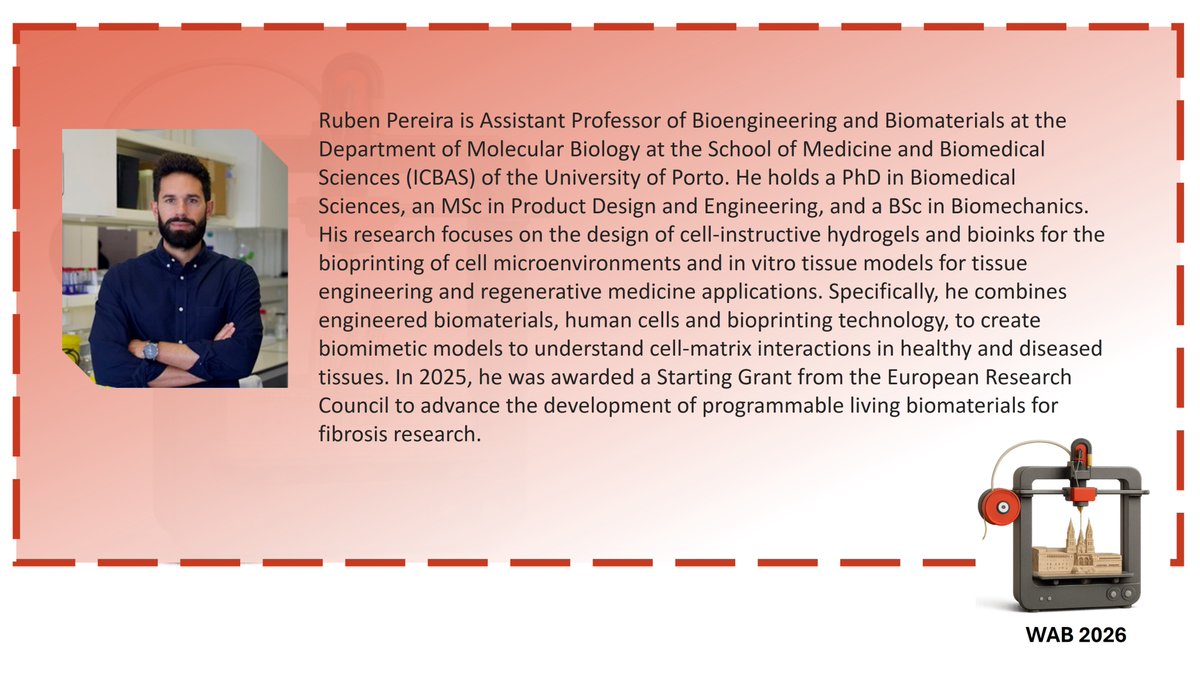 WAB2026's tweet image. 💫We’re excited to welcome Dr. Rúben Pereira (University of Porto) to WAB2026! 

A leader in #bioinks &amp;amp; #hydrogels for #bioprinting , Dr. Pereira will share insights on programmable living #biomaterials.

📩 Abstracts: wab2026.com/en/abstract.ph…
📝 Register: wab2026.com/en/registro.ph…
