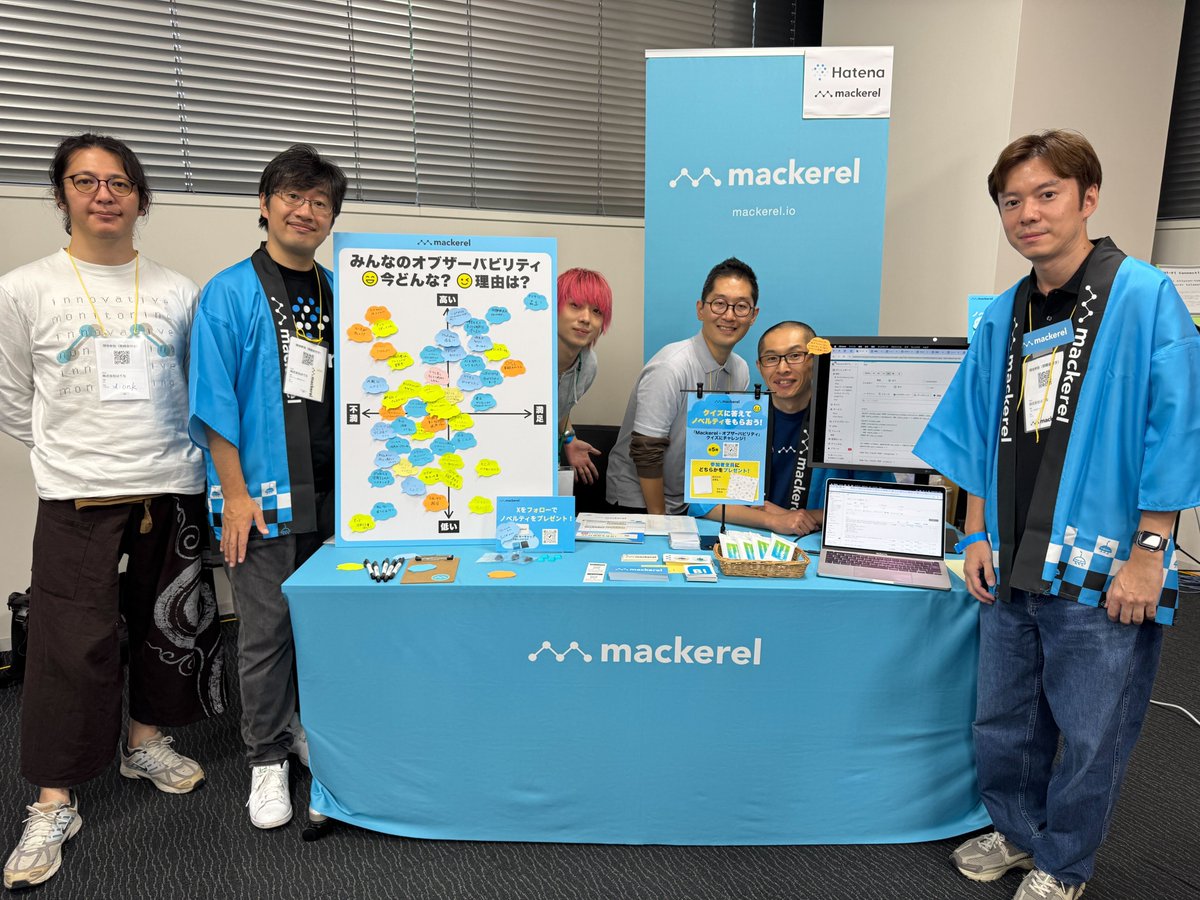 mackerelio_jp's tweet image. Observability Conference Tokyo 2025、Mackerelブースへのご来場、ありがとうございました! 
このあと18:30からの懇親会パーティーでは、 Mackerel開発チーム @Arthur1__ によるパーティーLTもあります!
後日Mackerelブログにてレポート予定ですので、お楽しみに! #o11yconjp #mackerelio