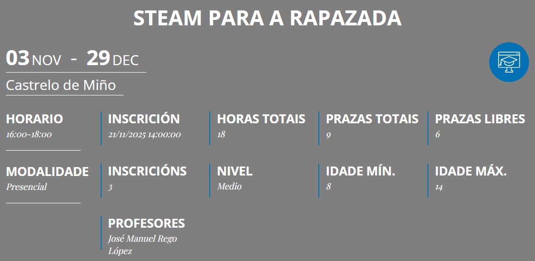 amtega's tweet photo. 🚀 Descubre o poder da creatividade e a tecnoloxía!
👉 Se tes entre 11 e 18 anos e che apaixoa a ciencia, a tecnoloxía, a arte ou a innovación, este curso #STEAM é para ti.
📍 O 3/11 na #aulaCeMIT de Castrelo de Miño.
🔗 https://t.co/drguoPyb3r https://t.co/u3PR5ldWfU