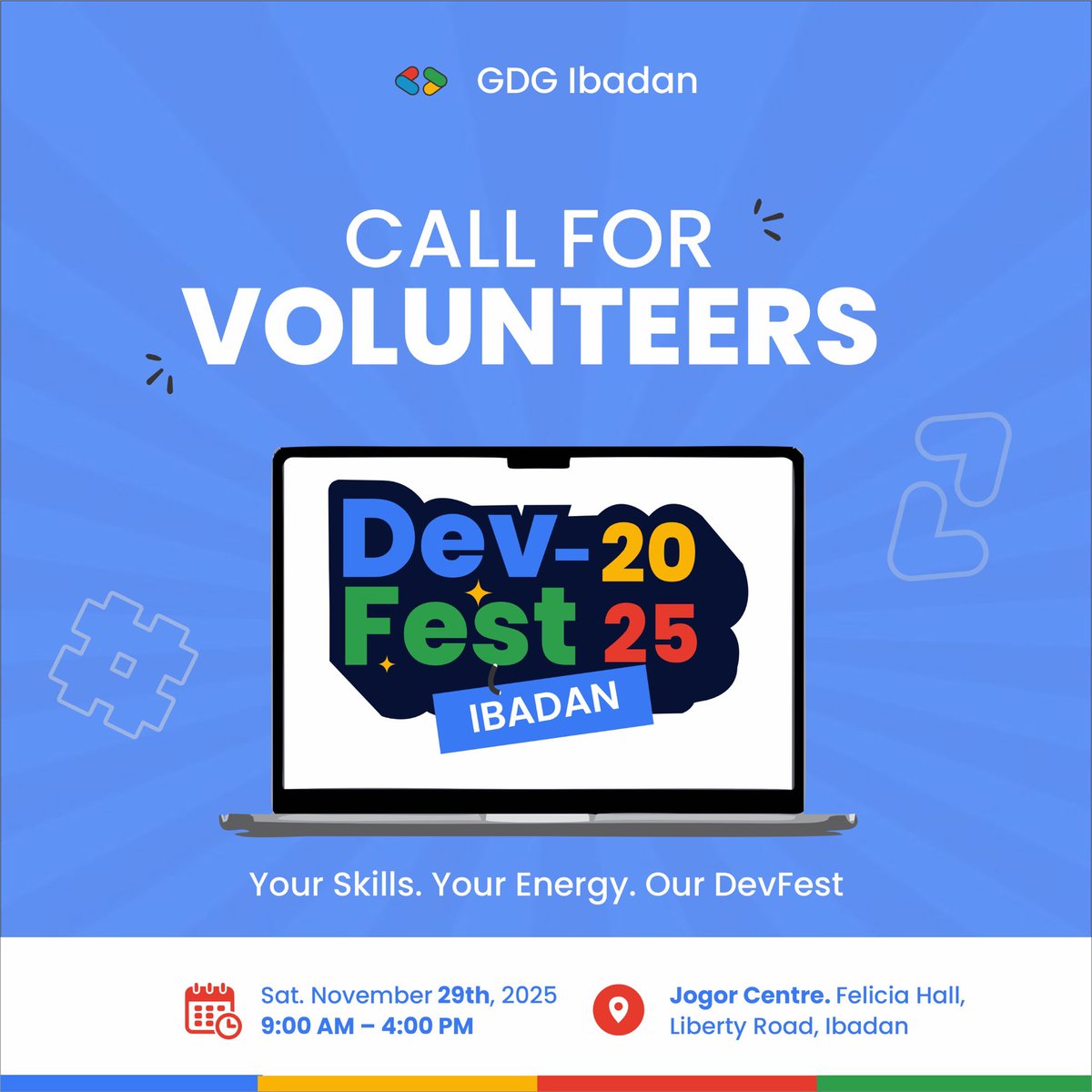 gdgibadan's tweet image. DevFest Ibadan 2025 is coming and the countdown is on!

Behind every great event is a great team and we need YOU to join OURS. 

If you&apos;re interested in being a part of the team please register using the following link: 
tinyurl.com/cfv-ib-25

#DevfestIbadan25