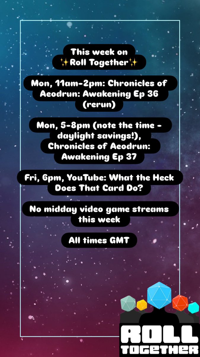Here is whats happening on Roll Together this week over on twitch.tv/rolltogetherrpg and patreon.com/c/Rolltogether…

<a href="/phoenixdice/">Phoenix Dice</a> <a href="/idlechampions/">Idle Champions</a> <a href="/HOMIEandTheDUDE/">HOMIEandTheDUDE</a>  #rolltogether #ttrpg #DnD #homebrew