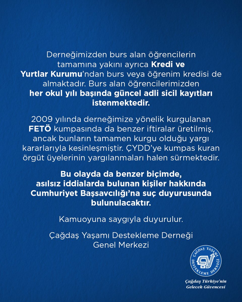 BASINA VE KAMUOYUNA

Sosyal medyada, derneğimizden burs almış olabileceği iddia edilen bir kişinin paylaşımları ve bu paylaşıma yapılan yorumlar üzerine konu ivedilikle araştırılmış; söz konusu kişinin Genel Merkezimizden ve Ankara’daki dört şubemizden de burs almadığı tespit