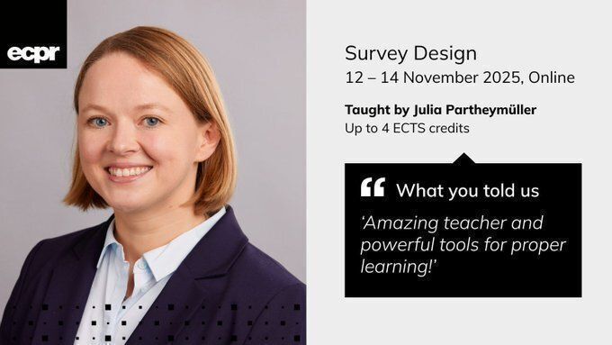 ECPR's tweet image. 🚨 Last change to register: Signature course on Survey Design

📆 12–14 Nov
👩‍🏫 @schnizzl
⏰ Register by midnight, UK time, tonight! bit.ly/3IMq94X

💰 #ECPRMemberPerks: member affiliates get 50% off