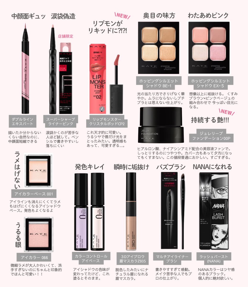 nana_challenge's tweet image. \\  KATEガチ盛れコスメまとめ  //
お値段以上の実力派をピックアップしました 。これがドラストで買えるって凄い...カネボウの方々ほんと神...❕新作レビューもツリーに繋ぎます ✍🏻⊹˚₊