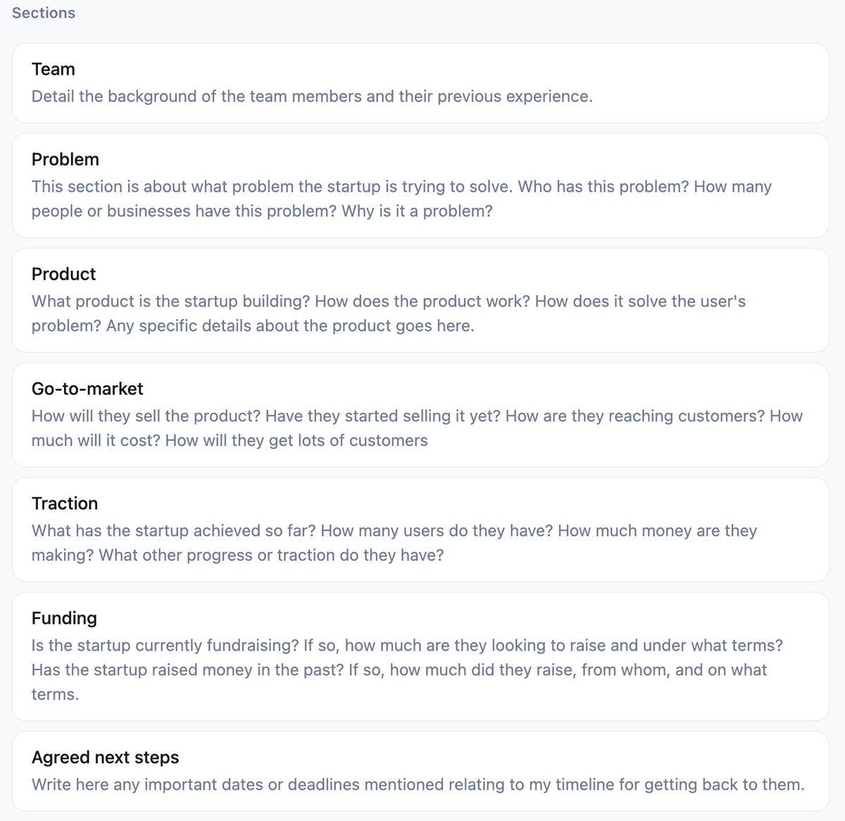 Nearly every VC I know now uses <a href="/meetgranola/">Granola</a> for founder meetings now. Here's the meeting template, often pushed directly to CRM.

Might as well optimise for it... ✍️
