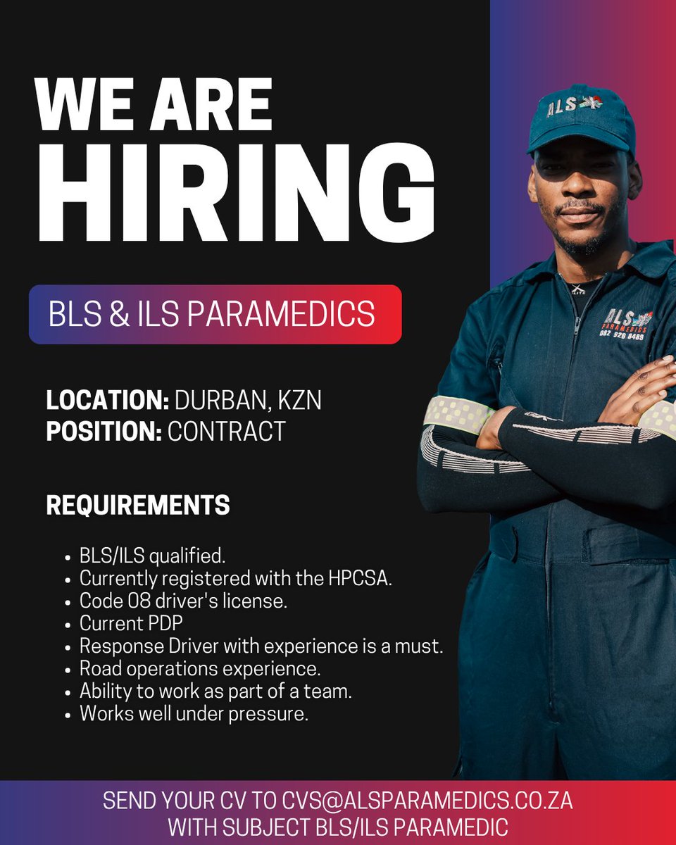 🚨 We’re hiring! 🚨

We are looking for BLS/ILS &amp; BAA/ECA Paramedics to join our team in Durban &amp; Cato Ridge, KZN.

If saving lives is your passion, apply today! 💙

📧 cvs@alsparamedics.co.za