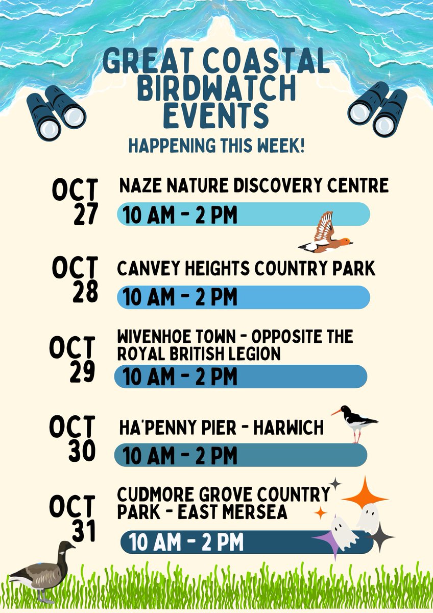 This week our Rangers will be out and about across the Essex coastline with even more pop-up events to celebrate the #GreatCoastalBirdwatch.

Come and see us at one of the events below to spot some local wildlife and perhaps a freebie or two!

We can't wait to see you🤩
