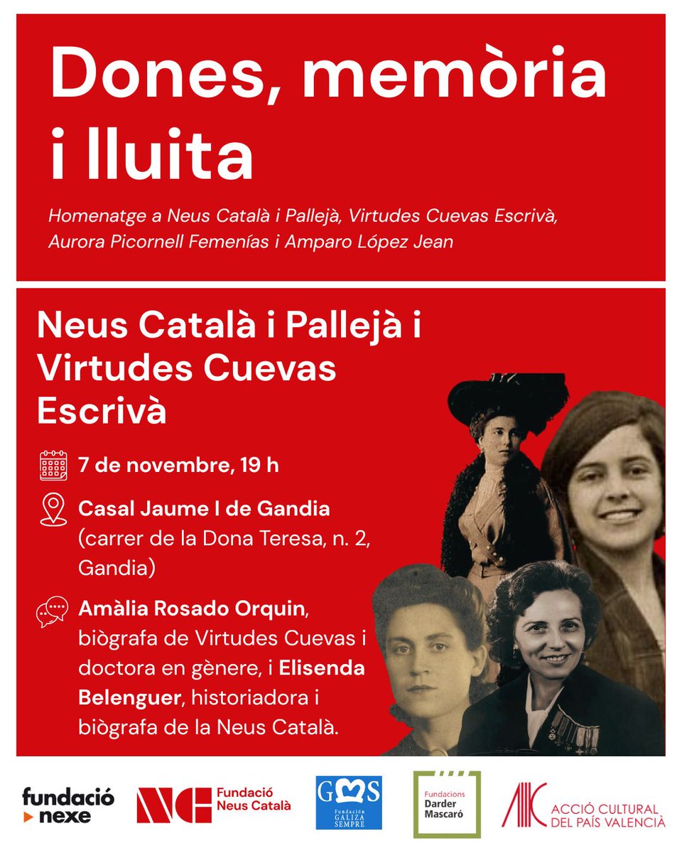 🔴 Nou “Dones, memòria i lluita”!

👉El 7 de novembre, a les 19 h, parlarem de Virtudes Cuevas Escrivà i Neus Català i Pallejà amb Amàlia Rosado Orquín i Elisenda Belenguer.

📍 <a href="/casalsafor/">Casal de Gandia</a>

🤗 Ens veiem aviat, <a href="/fnexe/">Fundació Nexe</a> i @accioculturalpv!