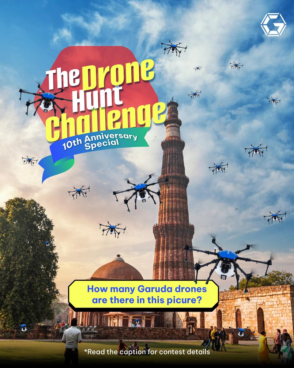 garuda_india's tweet image. It’s time for the Drone Hunt Challenge!
Spot all the Garuda Drones in this picture and prove your eagle eyes can match our aerial vision 
Drop your answers in the comments and stand a chance to win exciting rewards as part of our 10th Anniversary Special! 

#GarudaAerospace