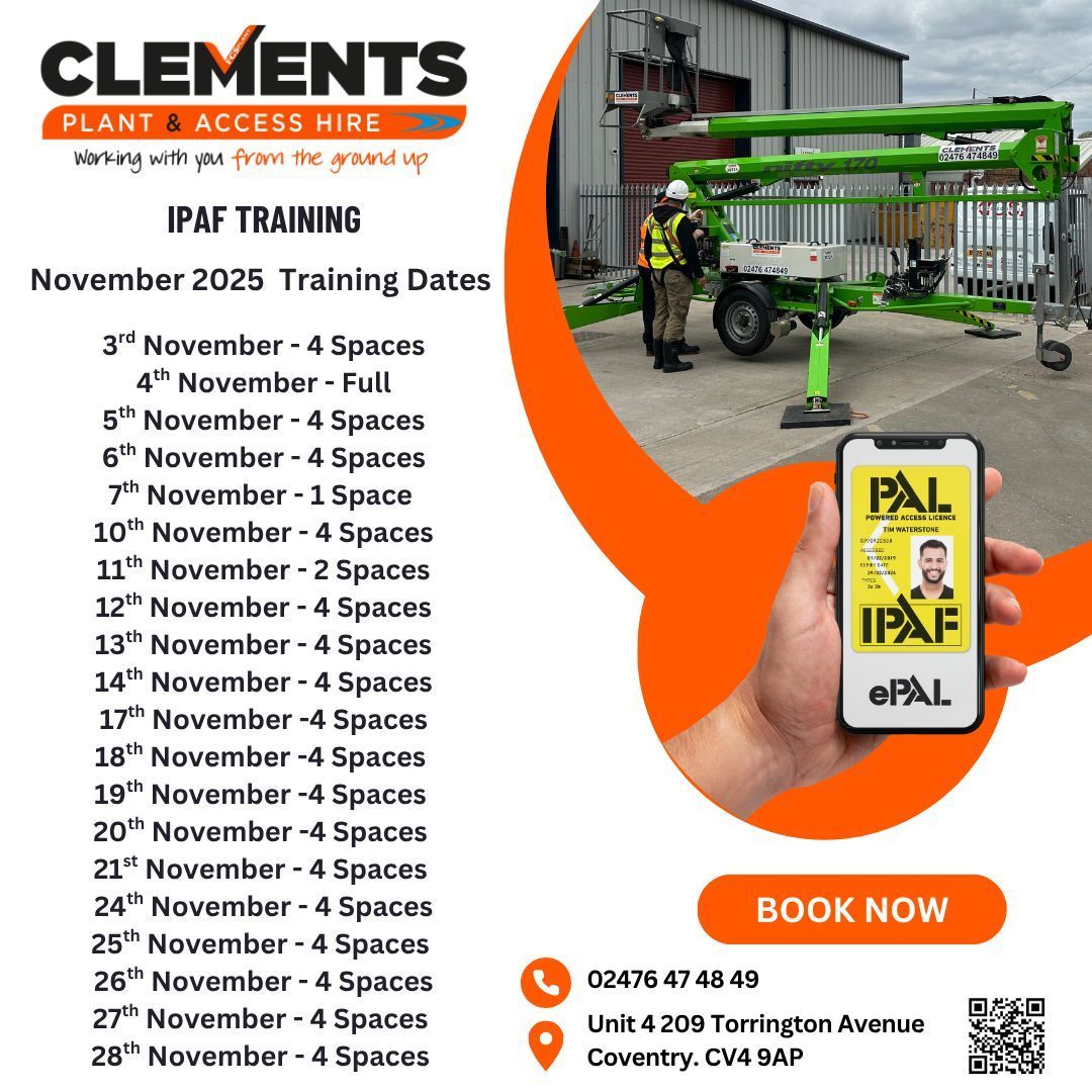 Clements_Cov's tweet image. As we are heading towards the end of another successful month educating #PoweredAccess Operators and helping them to get #IPAF qualified, we just released the forthcoming #training course dates for November.

Dont miss out, book in now!

☎️ 02476 474849
🌐 clementsplant.co.uk