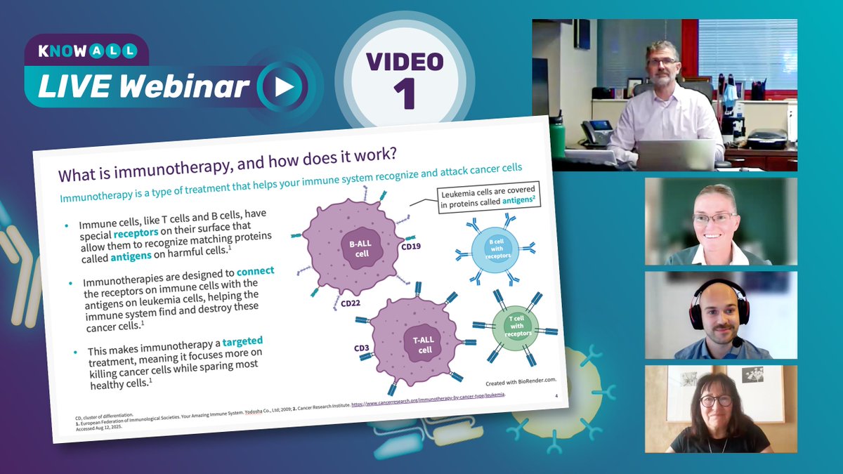 During the recent Know ALL webinar for patients, Dr Charles Mullighan <a href="/StJudeResearch/">St. Jude Research</a> discussed the benefits and side effects of immunotherapies for treatment of #AcuteLymphoblasticLeukemia.
Watch the full video here: loom.ly/p3sUgpM
#KnowALL #leukemia #leusm #ALLsm