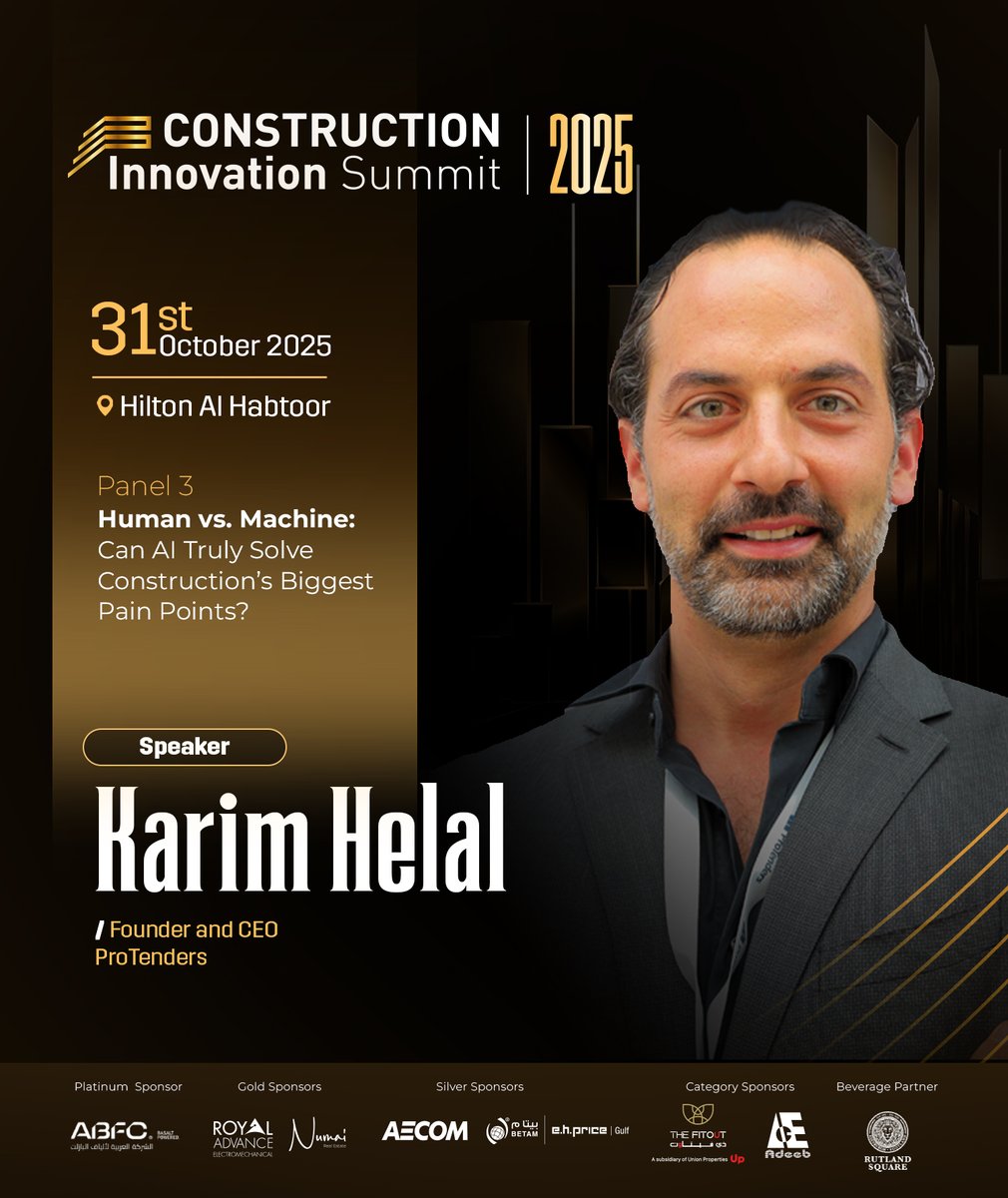 Construction Business News ME (@cbn_me) on Twitter photo We are pleased to announce Karim Helal, Founder & CEO, (<a href="/protendersinc/">ProTenders Inc.</a>) As The Speaker For The Construction Innovation Summit 2025, set to take place on October 31st.
Click here for more information: cbnme.com/construction-i…
#ConstructionInnovation We are pleased to announce Karim Helal, Founder & CEO, (<a href="/protendersinc/">ProTenders Inc.</a>) As The Speaker For The Construction Innovation Summit 2025, set to take place on October 31st.
Click here for more information: cbnme.com/construction-i…
#ConstructionInnovation