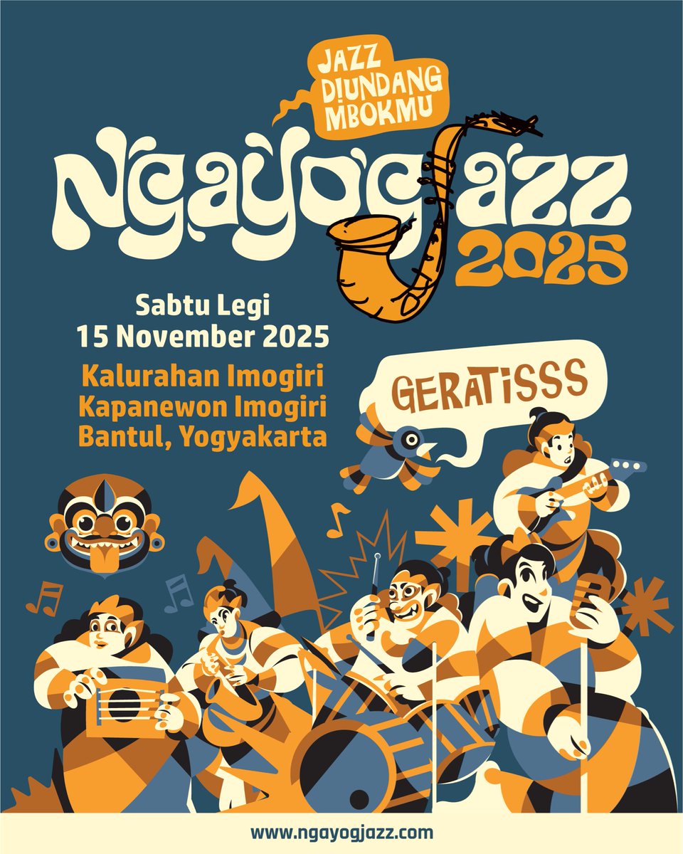 ngayogjazz's tweet photo. Sanak kadang, handai taulan,
Tonggo teparo sak padukuhan,
Aja nganti ketinggalan,
Gegayengan bareng Ngayogjazz karo sing disayang.

🗓️ Sabtu Legi, 15 November 2025
📍 Kalurahan Imogiri, Kapanewon Imogiri, Bantul, Yogyakarta https://t.co/VSKgnwblMg