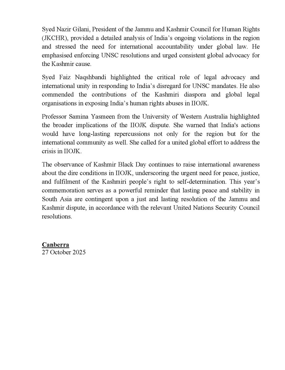 Press Release
#Kashmir Black Day Observed in Australia