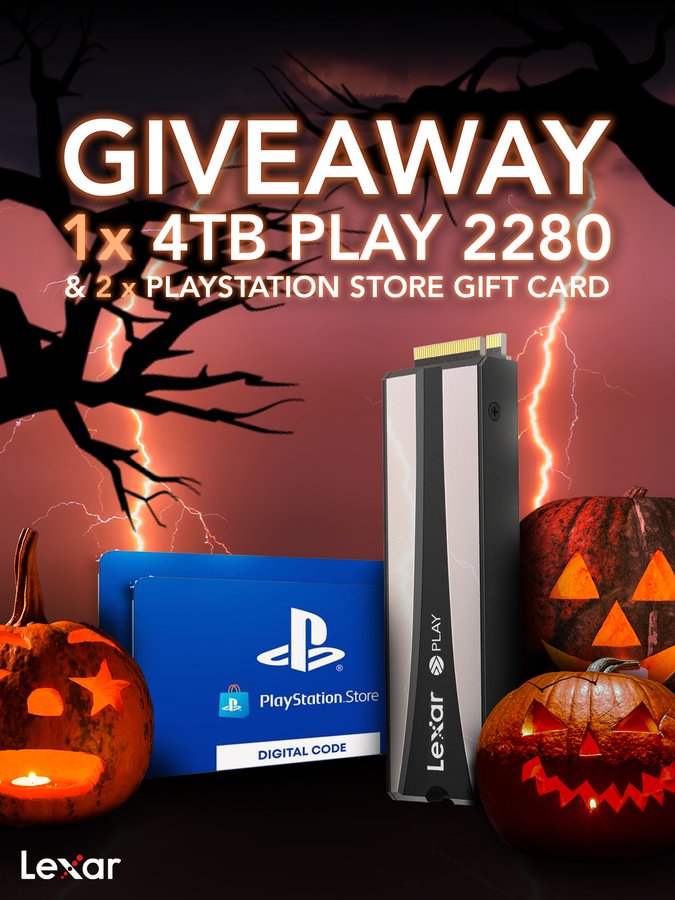 Graphic with Halloween theme featuring dark background spooky tree branches lightning bolts and orange glow Central text reads GIVEAWAY in large letters followed by prizes 1x 4TB PLAY 2280 and 1x PlayStation Store Gift Card for first place 1x 4TB PLAY 2280 for second place and 2x PlayStation Store Gift Cards Images show black Lexar SSD drive blue PlayStation Store digital code card and orange pumpkins with carved faces