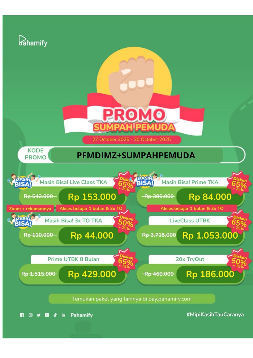 mipykode's tweet image. New promo in mipy gaiss
REKOMEN :PRIME UTBK 1 TAHUN/LIVE CLASS UTBK & TKA
ini masih ada diskonnyaa loh, langsung ke web resmi mipy (PFMDIMZ+SUMPAHPEMUDA)
t. mipy utbk bimbel online les snbt ptn tryout mandiri diskon kode promo pahamify les tka simak ui utul ugm les online