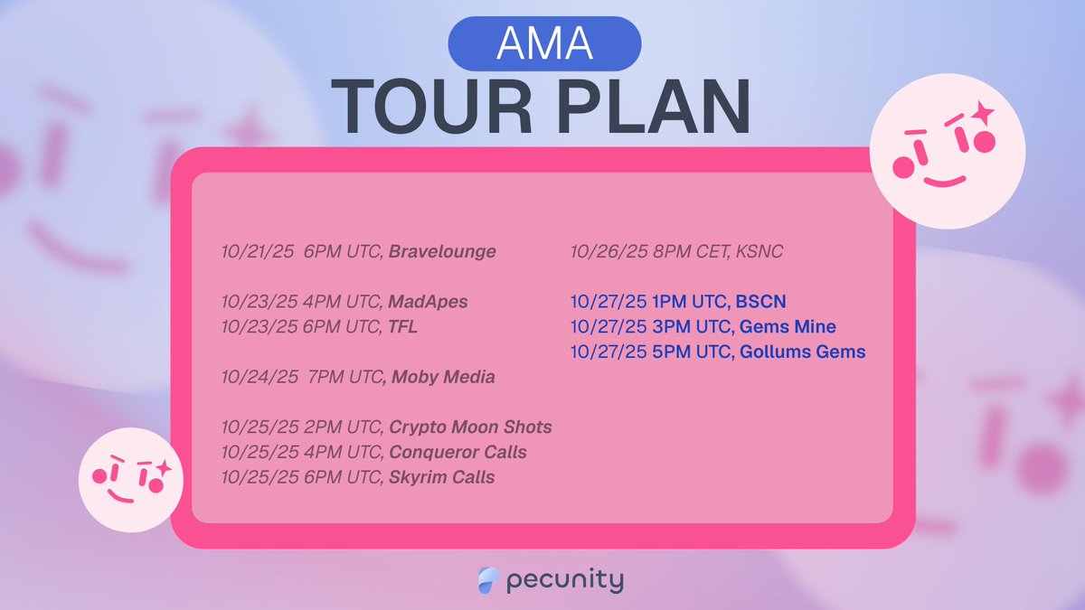 🗓️ 10/27/25 – 1PM UTC | BSCN

AMA with <a href="/BSCNews/">BSCN</a> 💬

Final presale day &gt; let’s talk about what’s next!
Join us as we discuss Pecunity’s roadmap, community growth, and sustainable DeFi yields.