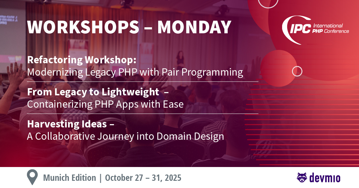 phpconference's tweet image. 🛠 Workshop Day at #IntPHPcon Munich!

💡 Modernizing Legacy PHP – @Chemaclass &amp;amp; @JesusValera
🐳 Containerizing PHP Apps – Arne Blankerts
🌱 Domain Design Journey – @spriebsch

🎟 Still time to join this week:
🔗 phpconference.com/munich/tickets…

#PHP #Workshops #Developers #phpconference