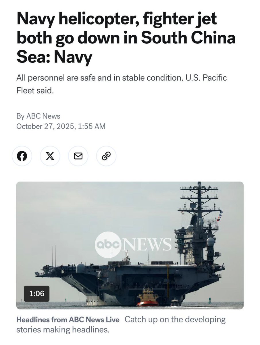 👀🇨🇳🇺🇸 A US Navy MH-60R Sea Hawk helicopter and an F/A-18F Super Hornet aircraft crashed into the South China Sea within half an hour, — ABC News 

▪️All crew members were rescued and are in stable condition, the US Navy is currently investigating the circumstances of the plane