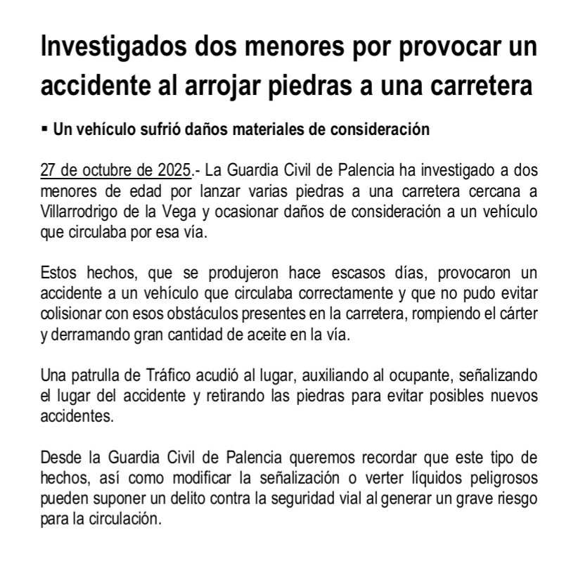 🚨 Investigados dos menores por provocar un accidente al arrojar piedras a una carretera

#guardiacivilpalencia 
#SeguridadVial
